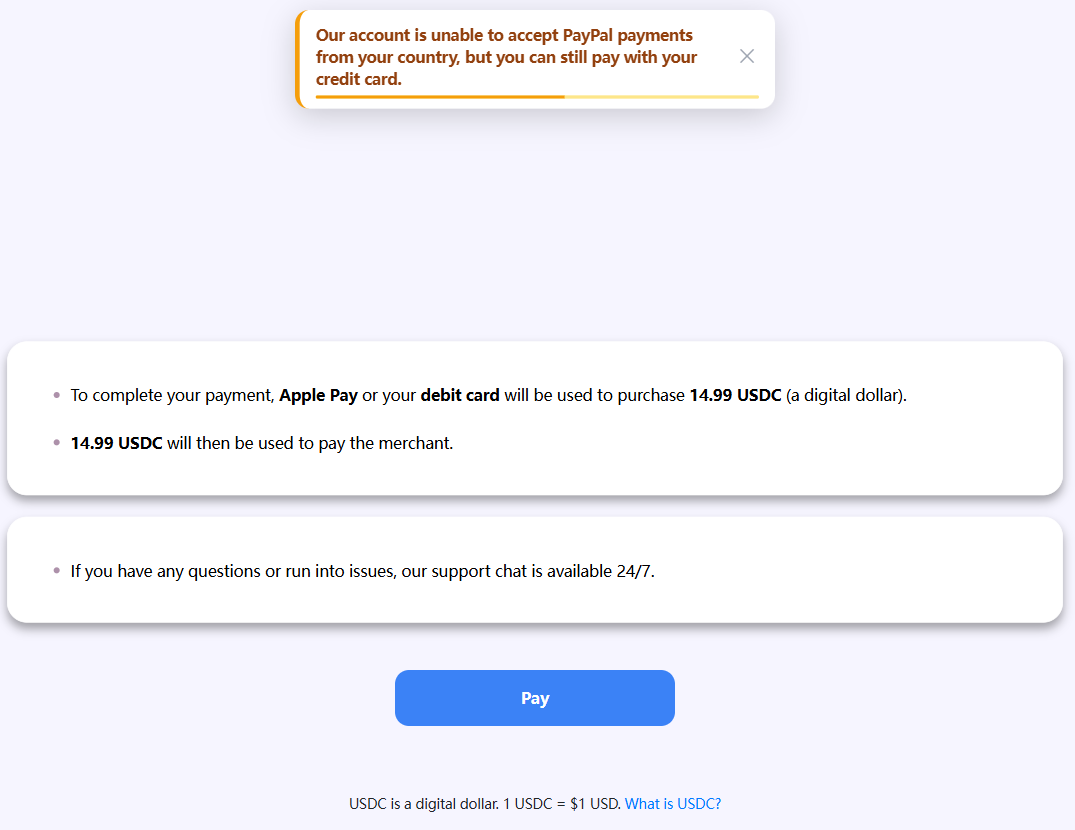 A one page checkout stating that a card will buy a stablecoin which then pays the merchant