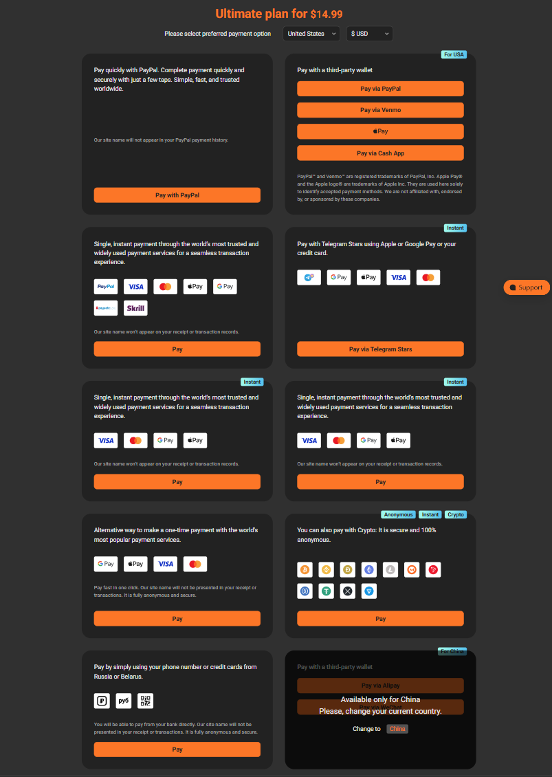A checkout showing a grid of small payment panels with different icons and labels