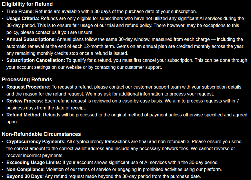 A refund policy listing a thirty day window, usage conditions, a review process and a list of exclusions