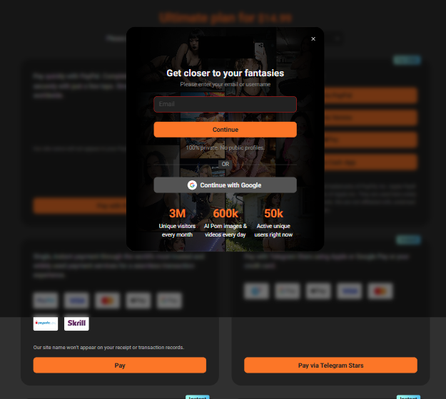 A subscription page with an account creation form covering it after the plan button was pressed