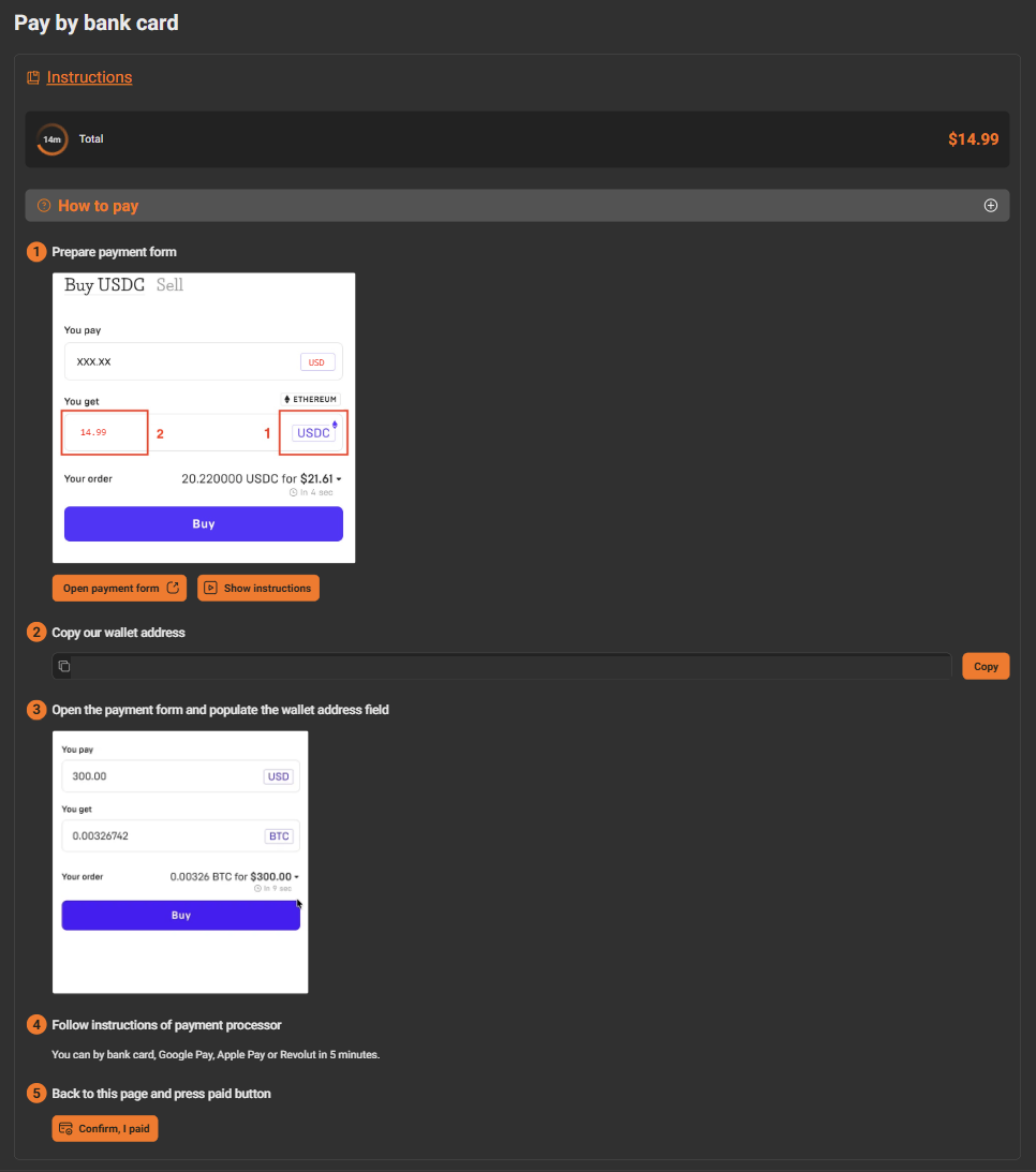 A payment page with a total, a countdown, five numbered steps and a wallet address field