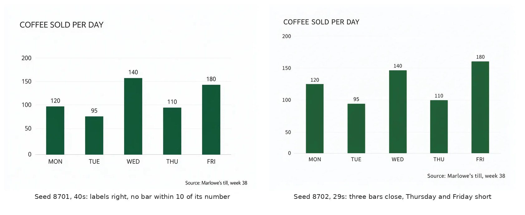 Two bar charts titled Coffee sold per day with correct labels and bar heights that do not match the printed values