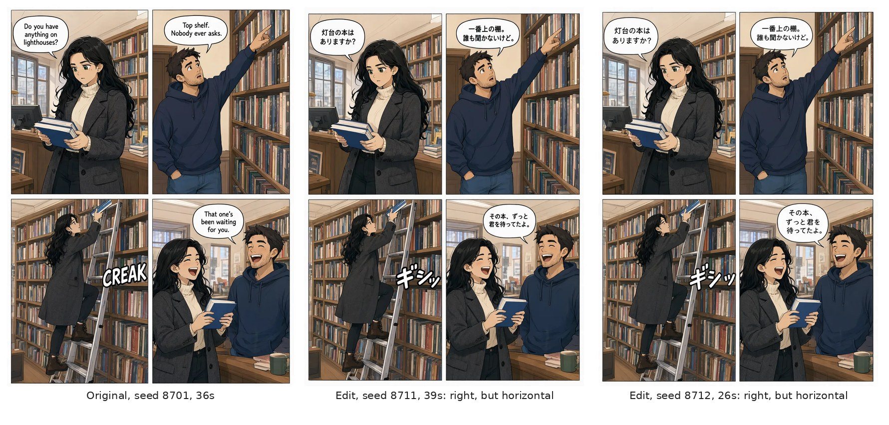 An English four-panel page and two edited versions lettered in Japanese, set horizontally