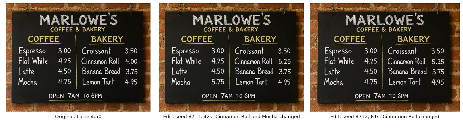 A cafe chalkboard menu before and after an edit in which the wrong prices changed