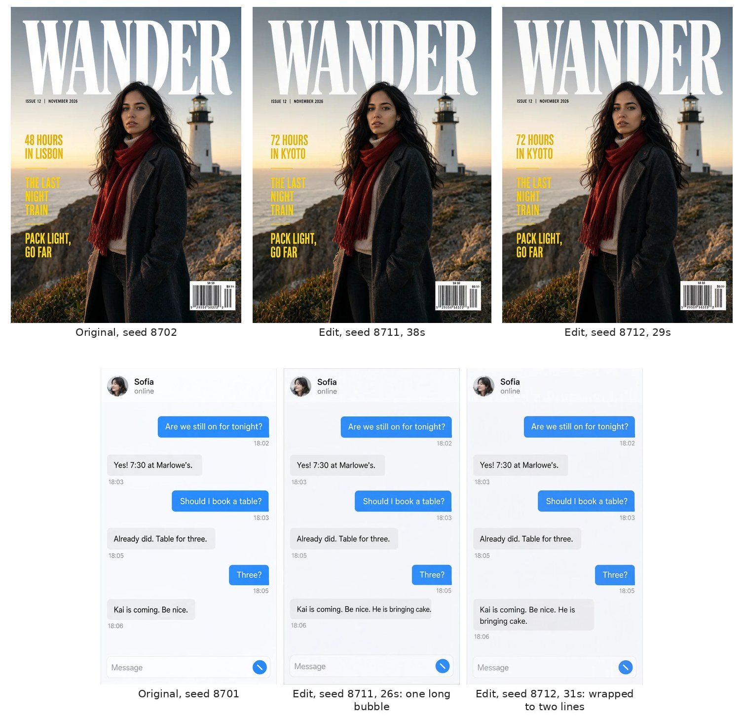 A magazine cover and a messaging screen before and after a text edit, with only the requested line changed