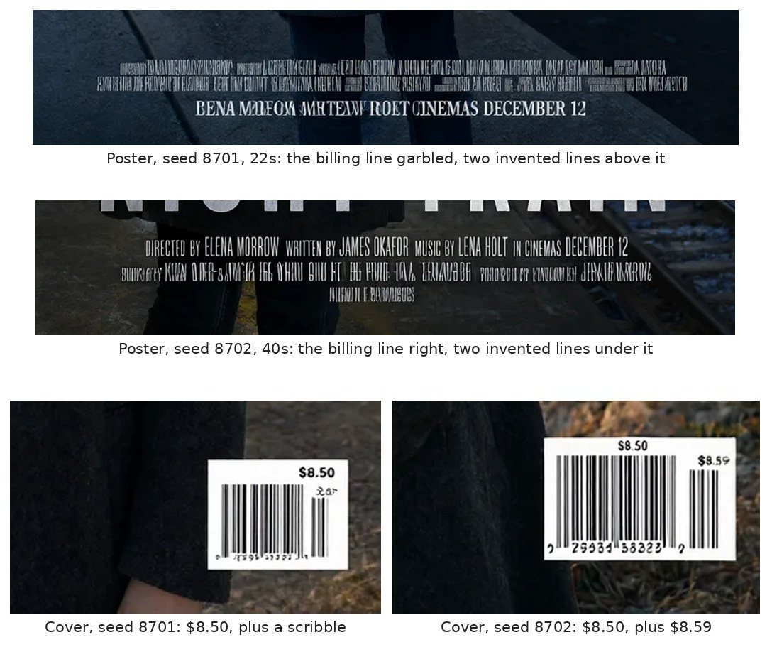 Close-ups of a movie poster billing block with invented credit lines and a magazine barcode with a second, invented price