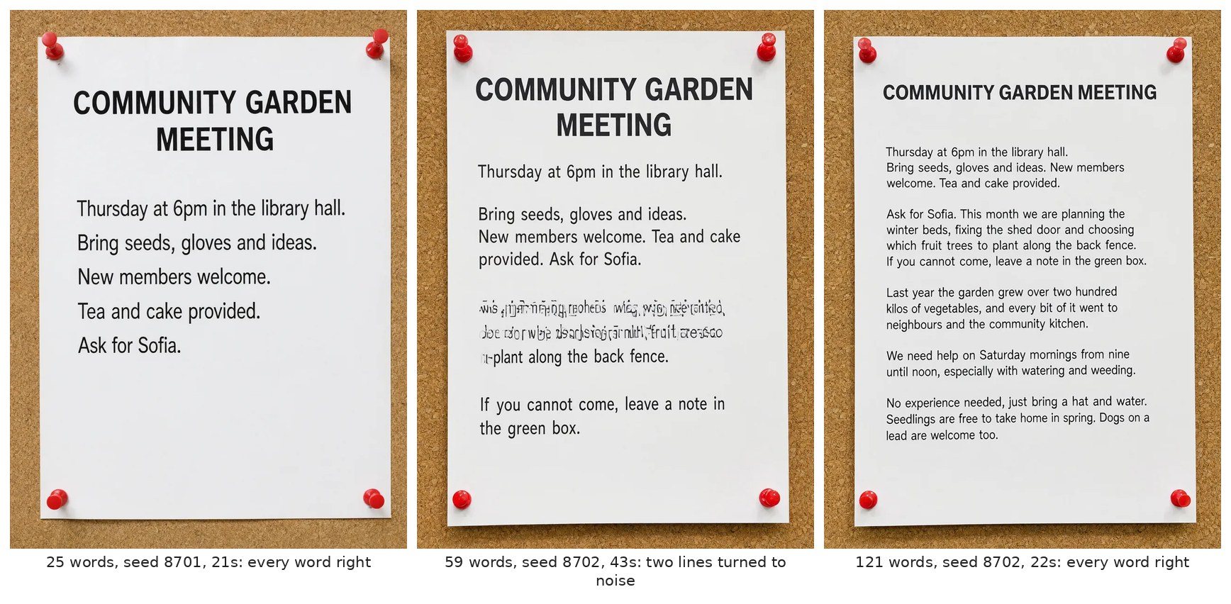Three printed notices pinned to a cork board at 25, 59 and 121 words, the middle one with two garbled lines