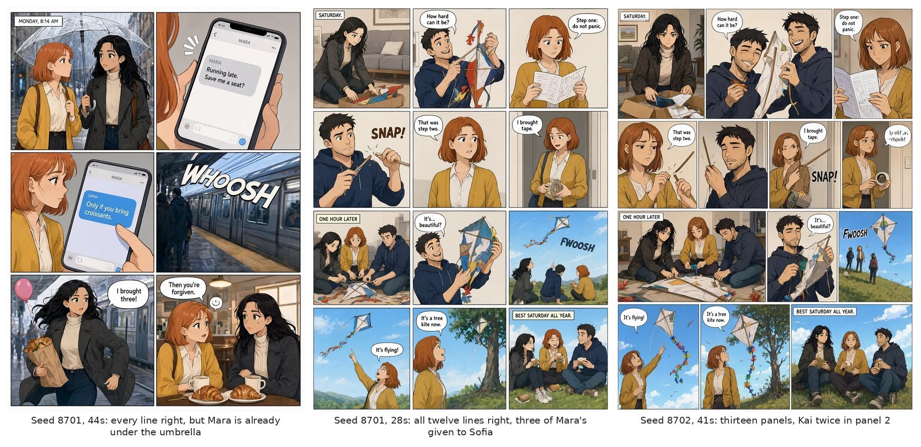 A six-panel page and two twelve-panel pages with correctly spelled speech balloons, some of them spoken by the wrong character