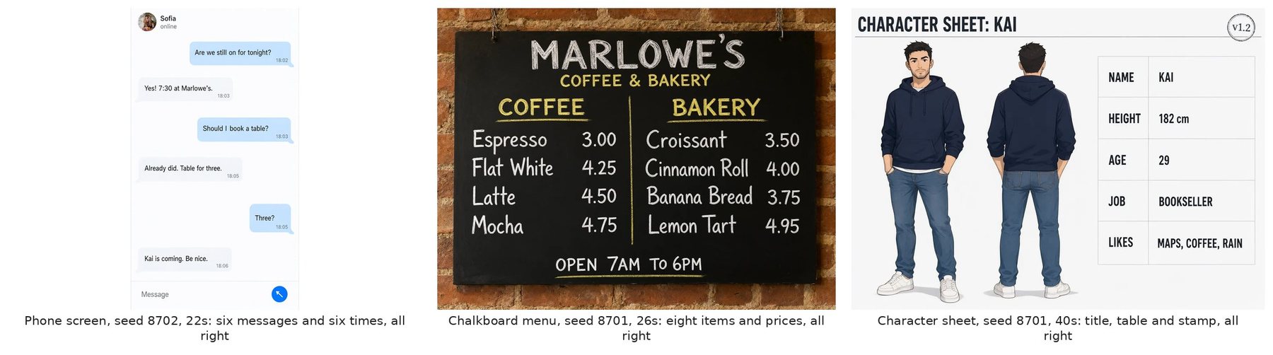 A messaging app screen, a cafe chalkboard menu and a character reference sheet, each with every line of text spelled correctly